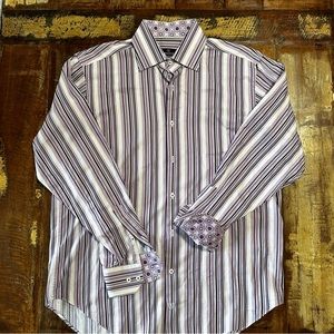 Bugatchi Uomo Men's Long Sleeve L 100% Cotton Button Up Printed purple white